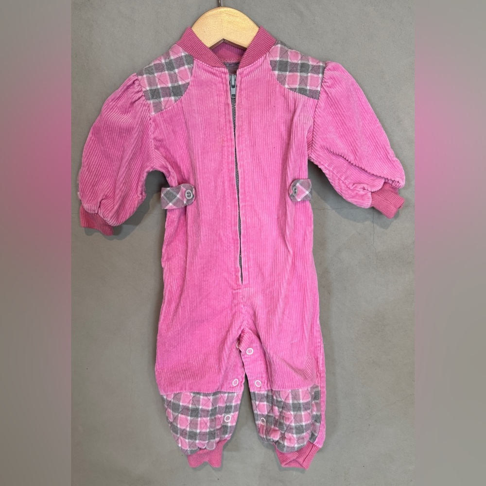 Vintage Sound Waves pink corduroy jumpsuit romper flannel / plaid 12 months